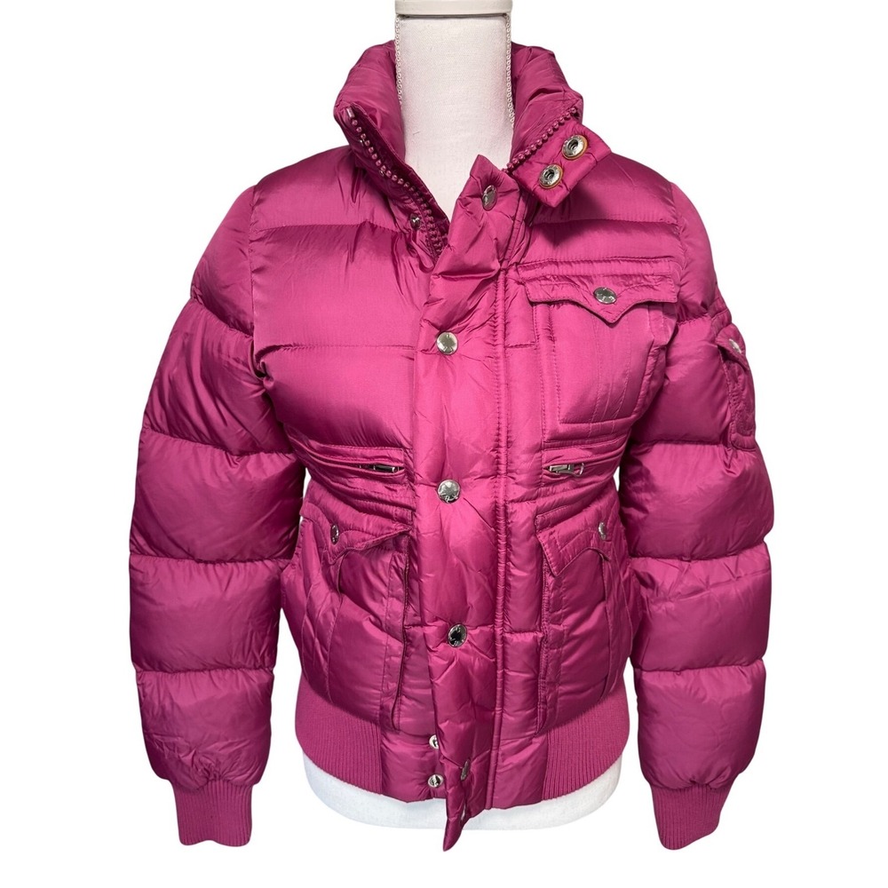 True Religion Puffer Down Jacket Womens M Nylon Goose Down Magenta Front Pockets